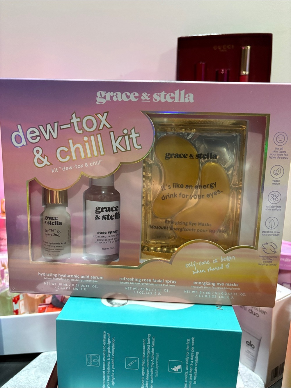 grace & stella Dew-Tox & Chill Kit — pink and gold packaging